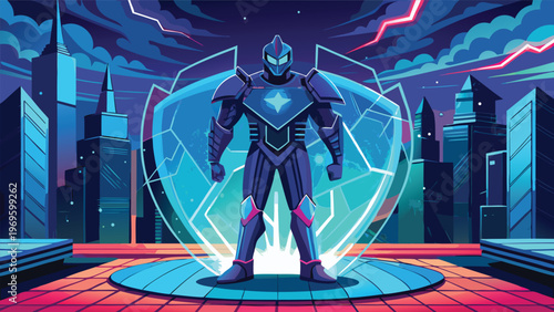 Warrior prepares for battle in a futuristic city under an electric sky