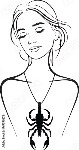 The figure of a scorpion-shaped locket around a woman's neck
