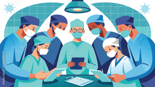 Team of surgeons and medical staff in a hospital operating room discussing a procedure and reviewing notes