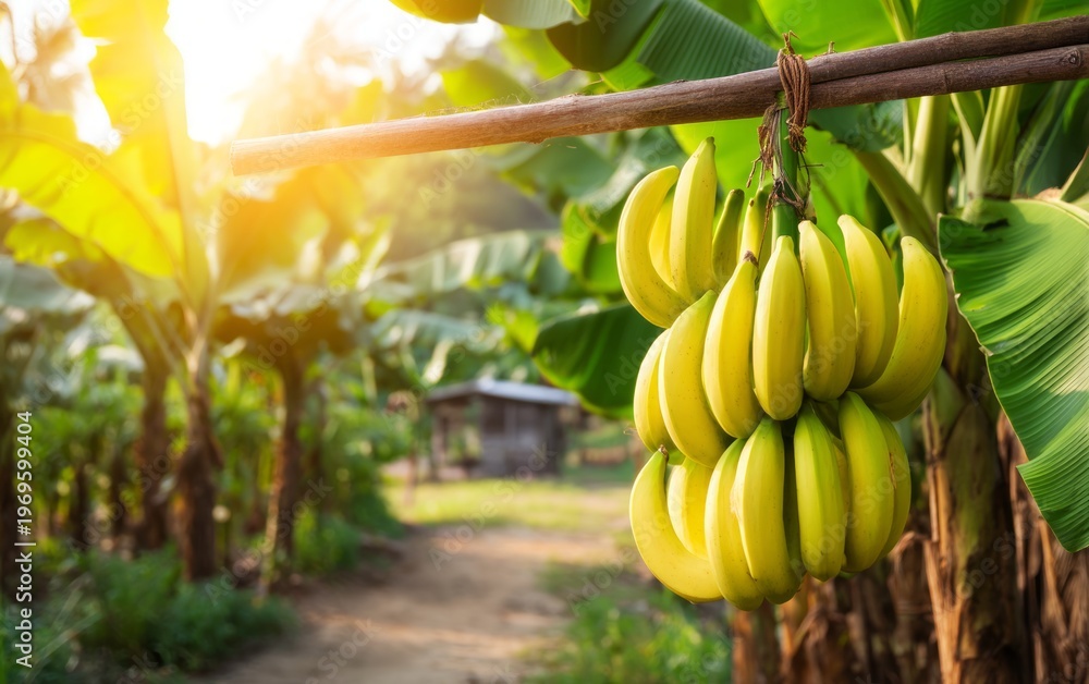 Naklejka premium Cluster of Ripe Bananas Hanging from Wooden Pole in Tropical Landscape