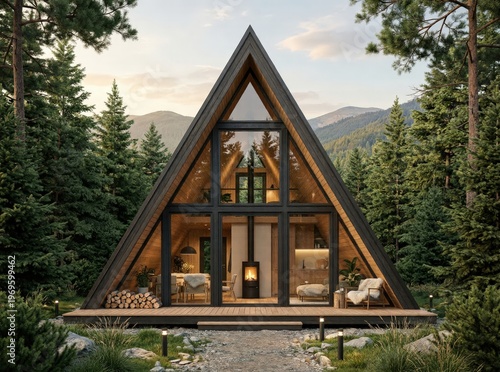 Cozy A-Frame Cabin With Glass Facade and Fireplace Nestled in Pine Forest at Dusk