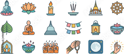 Vesak Line Icon Set with Buddhist Symbols Buddha Lotus Candle and Lantern Collection