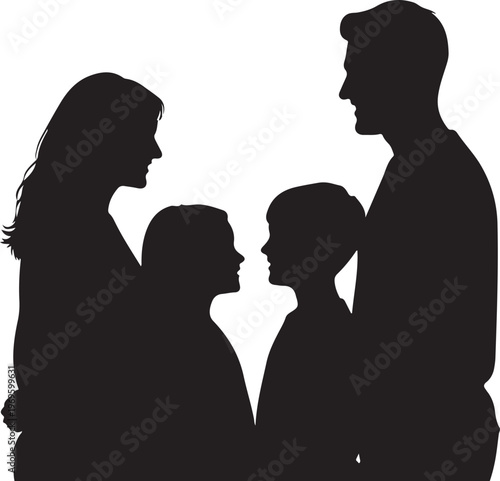 Silhouette of four people conversing in minimalist black and white outline