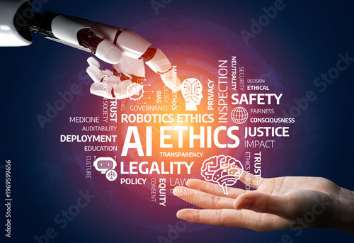 This image showcases the relationship between artificial intelligence and ethics, emphasizing critical themes such as safety, justice, transparency, and governance in technology. Tessel