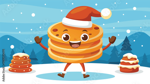 Pancake character celebrates winter with holiday spirit in snowy landscape with other desserts