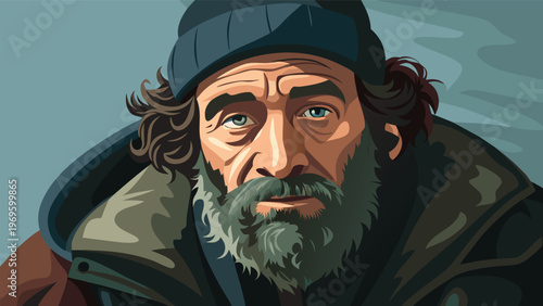 Man with a beard and hat looks at the viewer while sitting in a simple setting on a cold day in the city