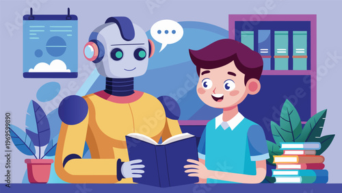 Robot teaches a boy in a classroom setting during the day focused on learning and education