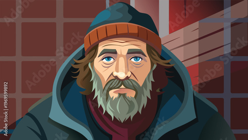 Man with a beard sitting in an urban area wearing a hooded jacket during the day in a city setting