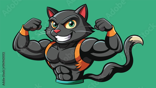 Strong cat character posing with muscles on a green background during a fun cartoon illustration session