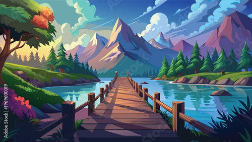 Beautiful landscape with a wooden pier extending into a lake surrounded by tall mountains and trees, captured during daylight with vibrant colors