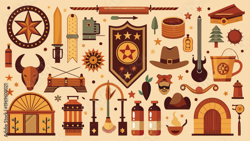Various western-themed elements such as stars, swords, and cowboy hats arranged on a light-colored background