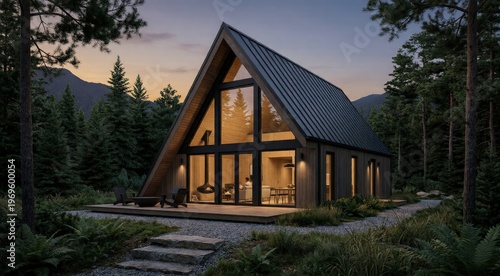 Cozy A-Frame Cabin With Glass Facade and Fireplace Nestled in Pine Forest at Dusk