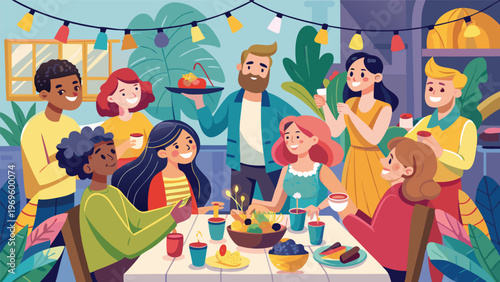 Friends gather around a table filled with food and drinks during a festive celebration in a bright indoor space