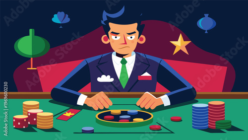 Man sits at a casino table with poker chips around him while playing cards in an indoor gaming area at night