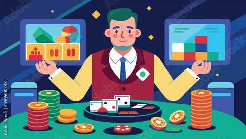 Man managing a card game table with chips and cards while showing charts on screens
