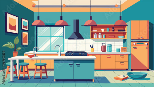 Colorful kitchen with modern design featuring a stove, sink, and shelves, showcasing a vibrant cooking space during daylight