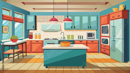 Bright kitchen with blue and red cabinets, large island, and modern appliances during the daytime