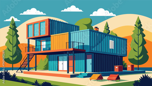 Modern house made of shipping containers in a natural setting during daytime