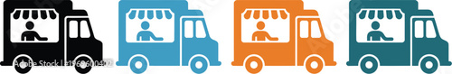 Food truck icon set, vibrant vector icons representing mobile restaurant street food eatery delivery van and fast service business concept.