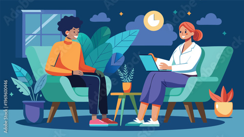 Two people sit in a room with plants and talk while a clock shows the time in the background