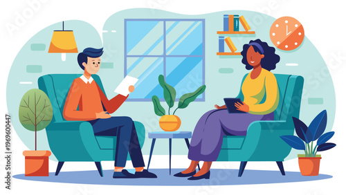 Two people having a conversation in a modern room with plants and books during daytime hours