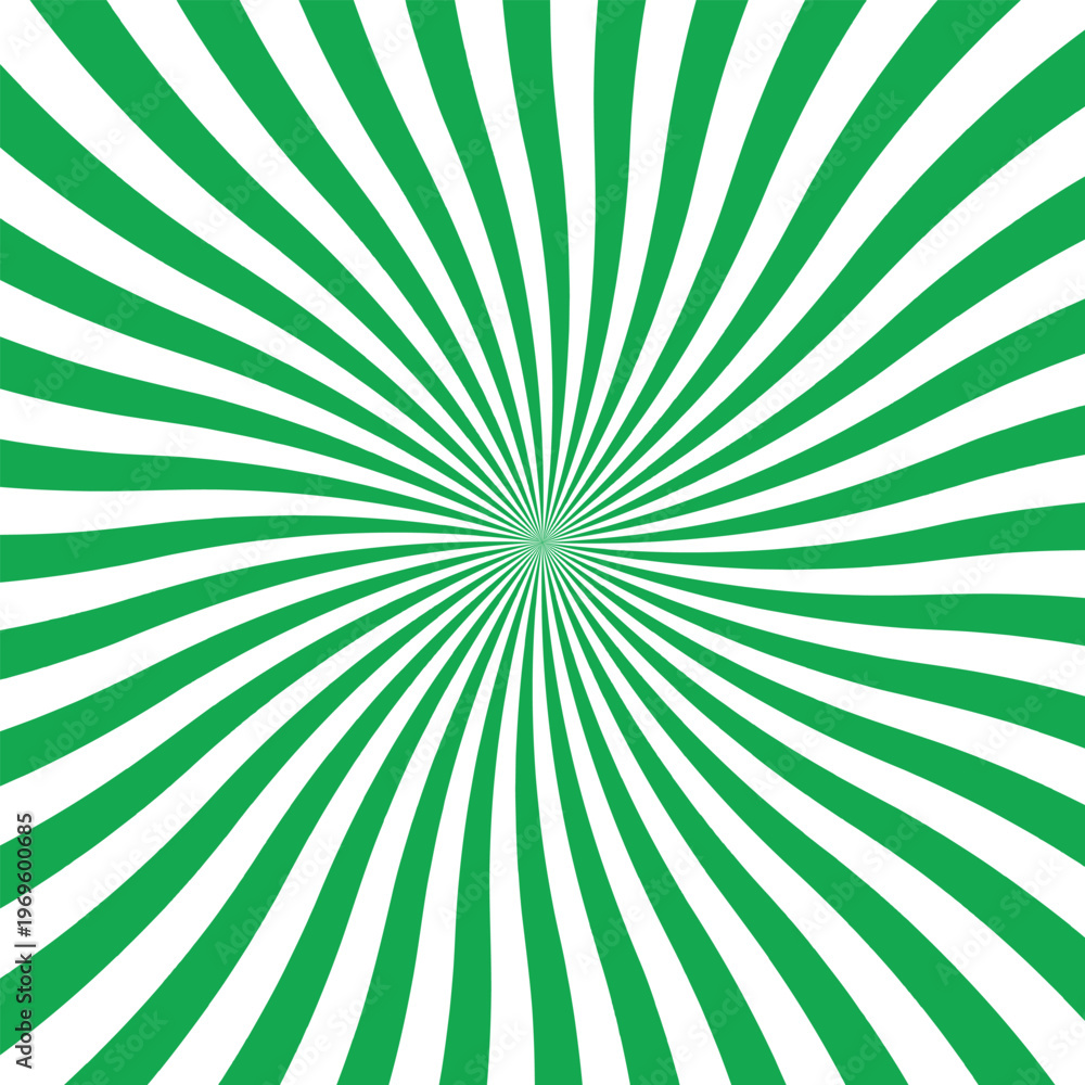 Fototapeta premium Green and white sunburst pattern with curved radial lines emanating from the center vector