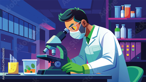 Scientist works in laboratory using microscope to examine samples during the daytime in a modern lab
