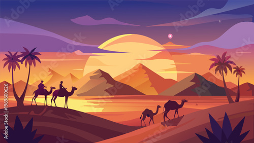 Sunset view over desert with camels and riders in the landscape