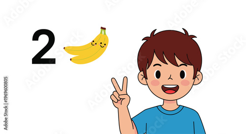 Happy young boy showing peace sign while learning to count with number two and two yellow bananas illustrated.