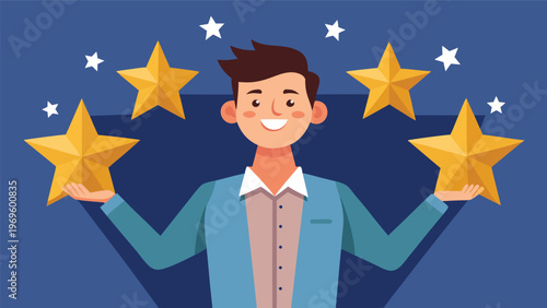 Person smiles while holding golden stars in each hand against a blue background