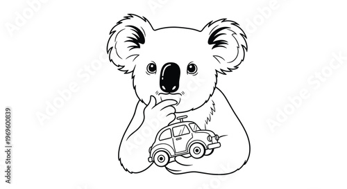 Adorable baby koala character holding a small toy car in this black and white line art illustration for children.