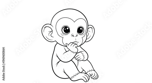 Cute little monkey sitting in a thinking pose with hand on chin in this black and white line art coloring book page.