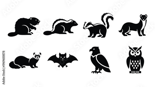 A collection of black animal silhouettes including a beaver skunk badger weasel ferret bat eagle and owl silhouette high quality professional