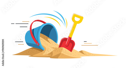 Tipped over blue bucket with sand and a red shovel on the beach symbolizing summer fun and outdoor play for kids.