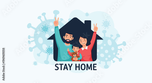 Happy family staying safe inside their home during the global virus pandemic while showing peace signs and unity.