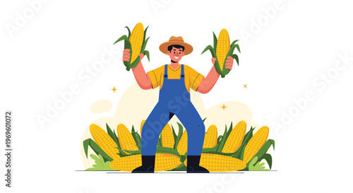 Happy farmer wearing a hat and overalls holding two large ripe corn cobs in his hands during the autumn harvest.