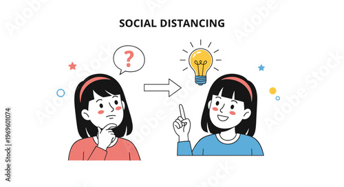 Young girl character thinking about a problem and then finding a creative idea with a glowing lightbulb symbol.