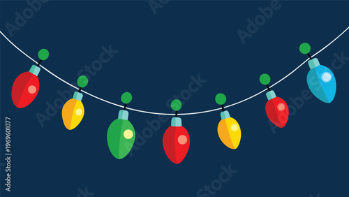Colorful string lights hang against a dark background to celebrate a festive season during winter nights