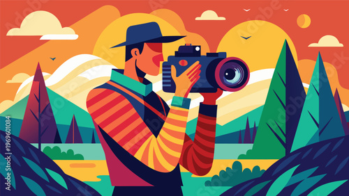 Man holding camera in a scenic landscape with mountains and sunset in the background