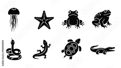 A collection of marine and terrestrial animals depicted in solid black shapes creating a striking silhouette high quality professional detailed modern