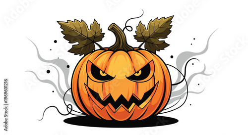 Spooky halloween jack-o-lantern with a carved scary face and green leaves with gray smoke on a white background.