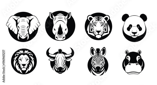 Collection of eight black and white circular animal head icons including elephant rhino tiger panda lion and zebra.