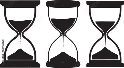 Three black hourglasses with flowing sand against white background in sequential stages