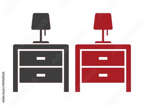 Minimalist bedside table icons with lamp, modern nightstand vector set in black and red, bedroom furniture silhouette for interior design apps