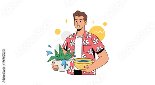 Young man wearing a tropical floral shirt holding a potted aloe vera plant and a bowl of water for gardening.