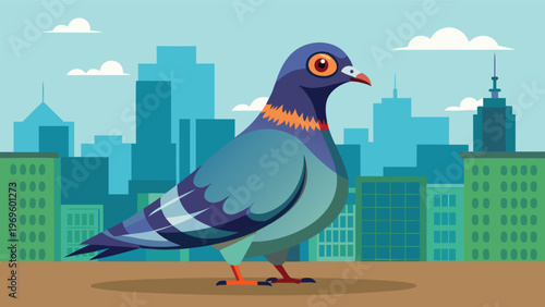 Pigeon stands on a ledge in a cityscape with tall buildings and a bright sky