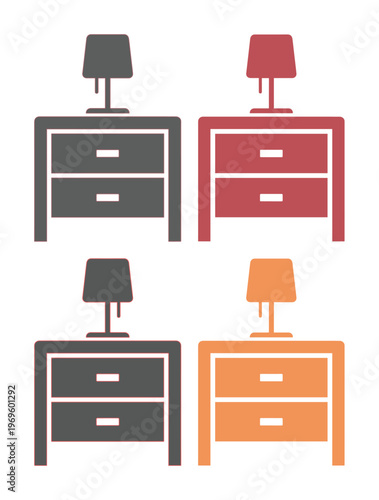 Modern bedside table icons with lamp, minimalist nightstand furniture set, bedroom drawer cabinet vector graphics in four colors