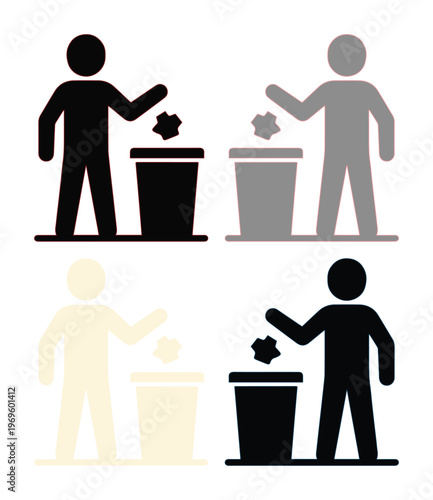 Minimalist trash bin icons set, person throwing garbage in litter bin silhouettes, 4 vector symbols for waste management and recycling