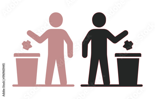 Minimalist trash icon set, person throwing garbage into a bin, black and pink silhouette littering symbols for public signage and waste management