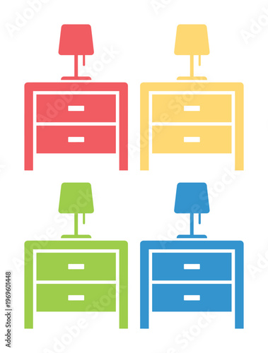 Modern nightstand icons with table lamps, colorful bedroom furniture set of 4 EPS vectors, minimalist bedside cabinets with drawers